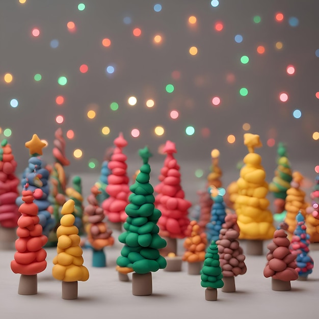 Christmas tree made of colorful plasticine on gray background with colorful bokeh
