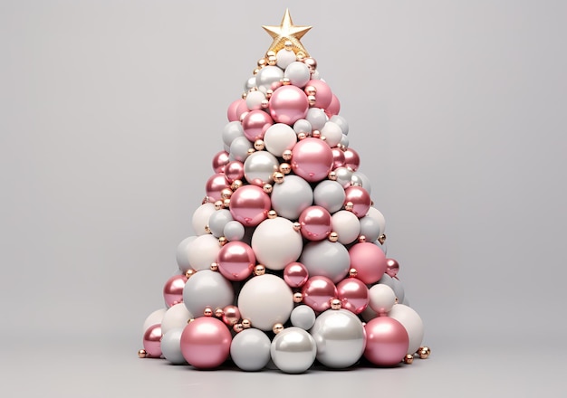 Christmas tree made of decorative New Year's pastel pink toys balls Gold and silver ballsInterior