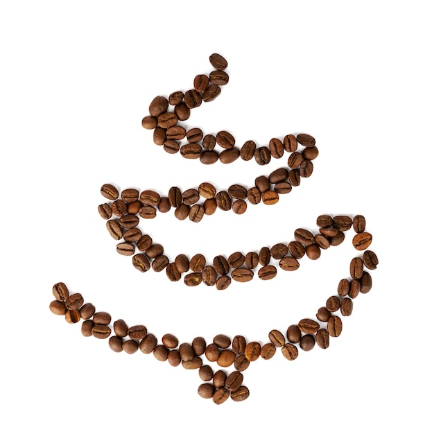 Christmas tree made from coffee beans isolated on white background.