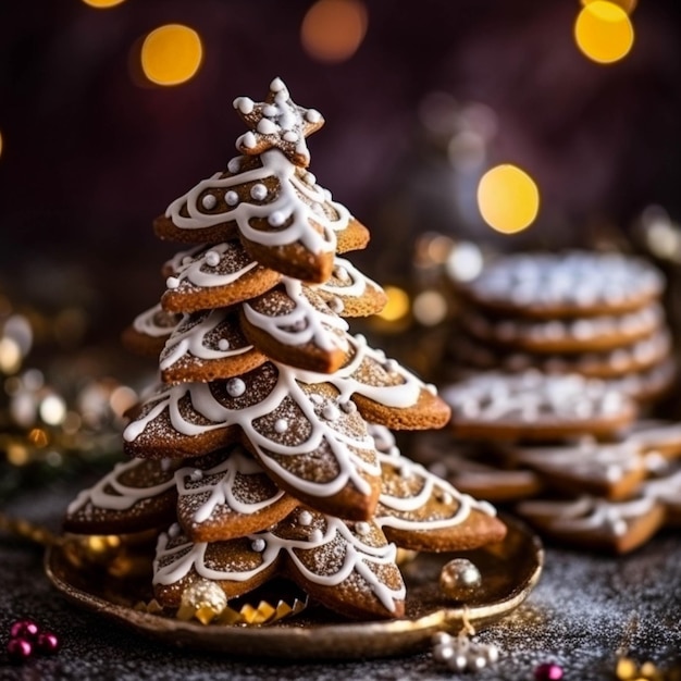 Рождественская елка из имбирного печенья в тарелке на столе