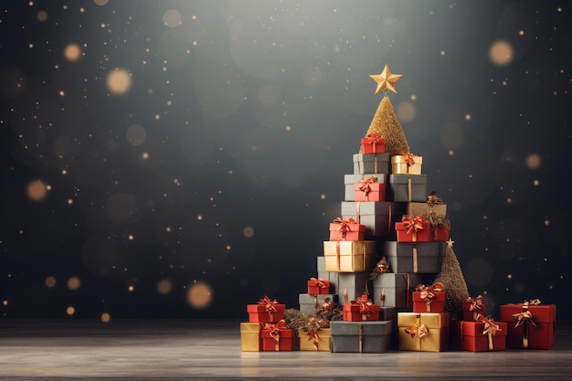 Christmas tree made of gift boxes on dark background