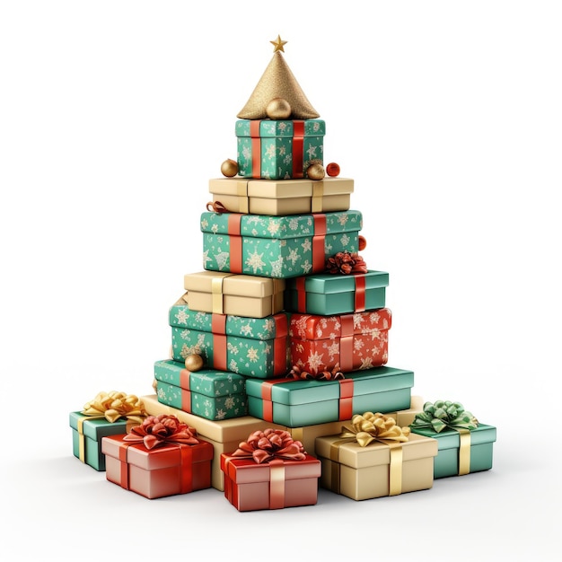 Christmas tree made of gift boxes Pile of gift boxes with bows isolated on white background drawn cartoon style