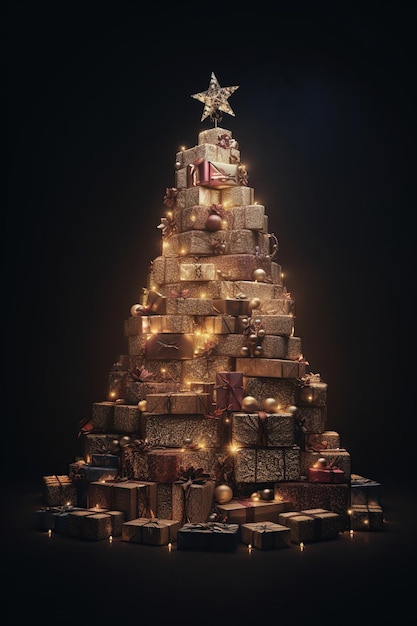 黒の背景にライトが付いたギフト ボックスで作られたクリスマス ツリー メリー クリスマスと新年あけましておめでとうございます