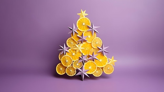 보라색 배경에 오렌지 조각과 별들로 만든 크리스마스 트리