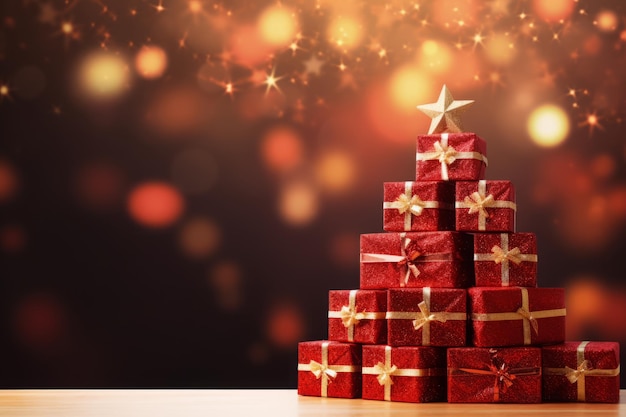 Christmas tree made of red gift boxes on bokeh background