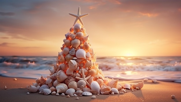 Foto albero di natale fatto di conchiglie sulla spiaggia al tramonto