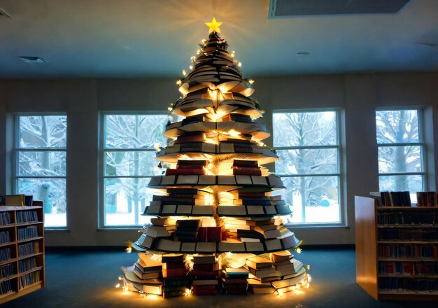 A Christmas Tree Made Of Stacked Books In A Library With Fairy Lights