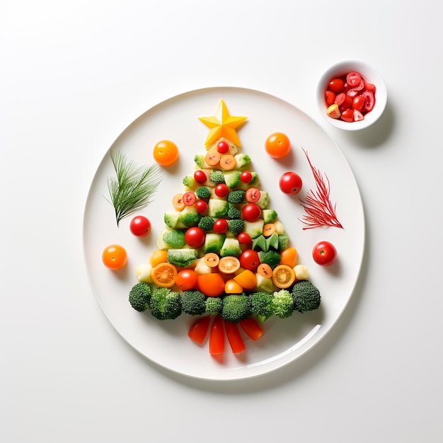 Foto albero di natale fatto di verdure e frutta su un piatto bianco su uno sfondo bianco una variante di dec