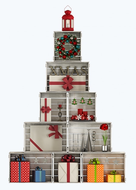 Photo christmas tree made with wooden crates - 3d rendering