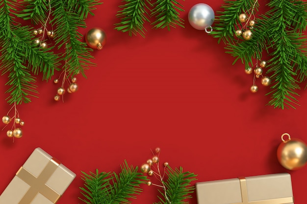 크리스마스 트리 금속 금 공 선물 상자 빨간 바닥 센터, 크리스마스 배경, 휴일 크리스마스 새해 겨울 3d 렌더링