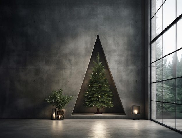 Christmas tree in modern minimalistic concrete interior Winter window Generative AI