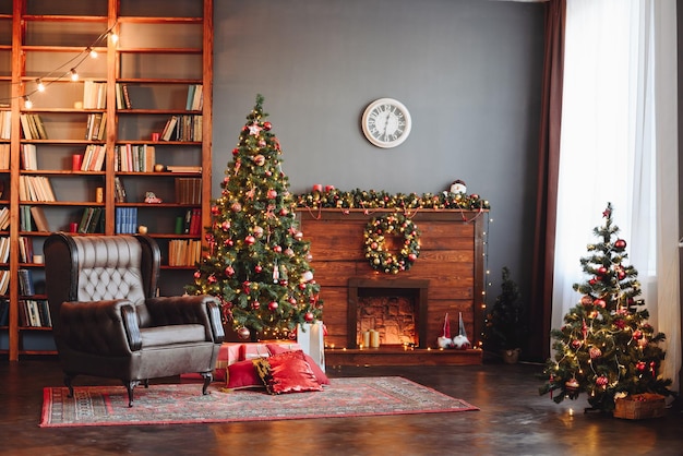 Christmas Tree Near Fireplace and Bookshelf Interior Photo Studio with Christmas Decor