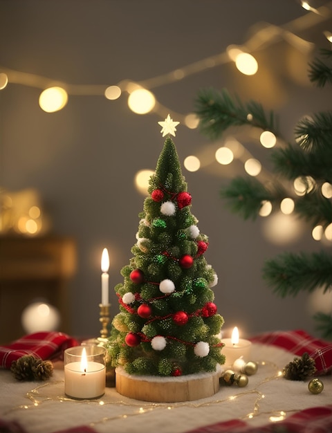 A Christmas tree in new year cozy home interior decorations Garlands and bokeh burning candle