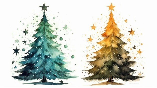 Photo christmas tree new year39s style watercolor drawing style winter landscape snowflakes snow holiday mood greeting card invitation