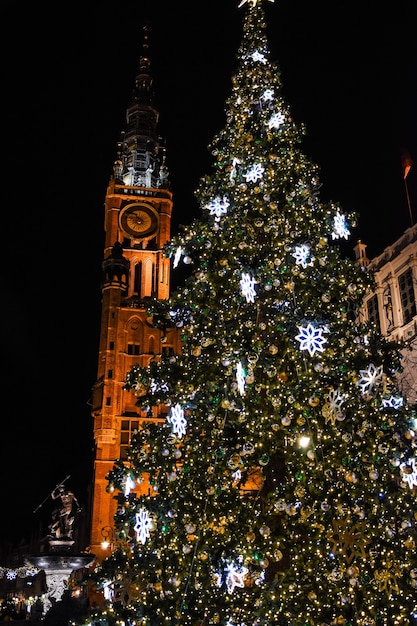 夜のクリスマスツリーグダニスク旧市街ポーランド