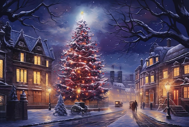 christmas tree night party street light in the style of detailed painting