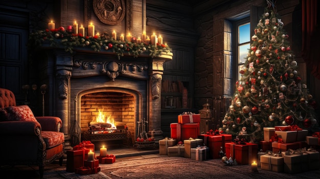 Christmas tree in an old house near the fireplace with a mountain of gifts cozy home holidays