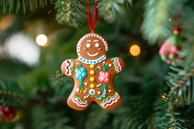 Christmas tree ornament in the shape of a gingerbread man with colorful decoration Generative AI illustration