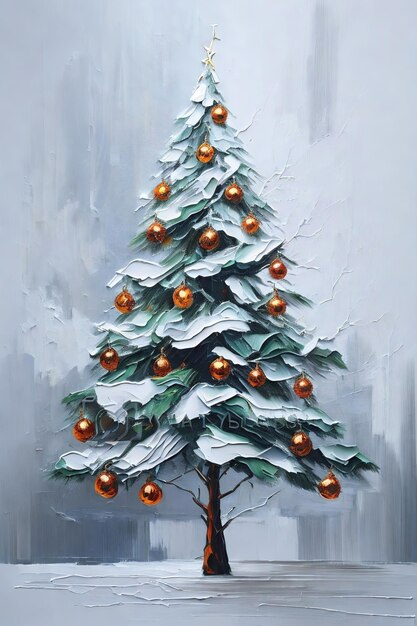 Christmas tree painted with oil paints on a white background