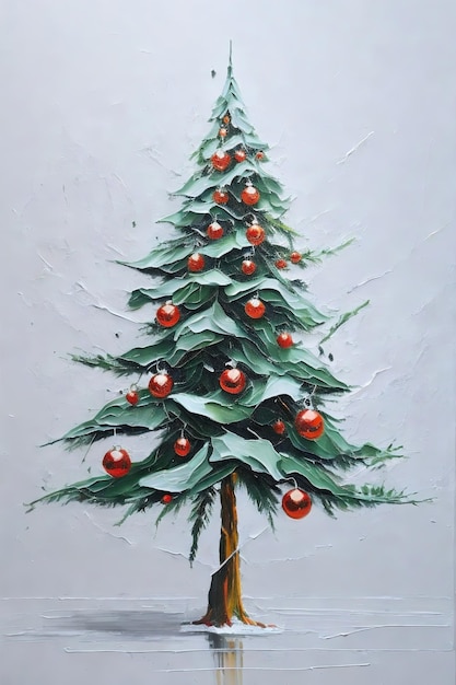 Christmas tree painted with oil paints on a white background