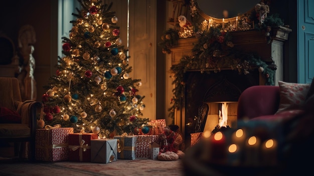 A christmas tree and presents under a christmas tree
