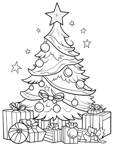 Photo christmas tree and presents coloring page for kids