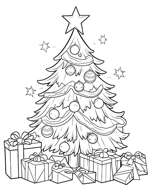 Photo christmas tree and presents coloring pages for kids