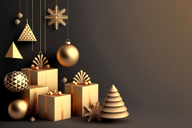 A christmas tree and presents in gold boxes