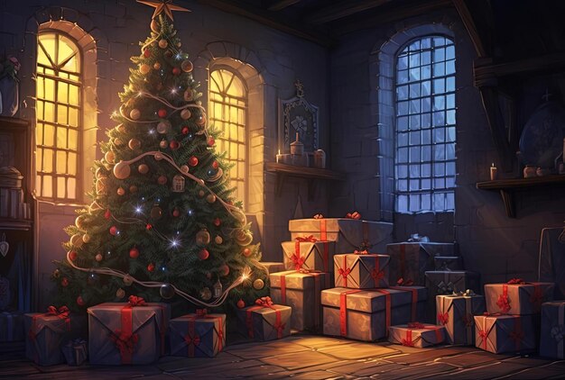 a christmas tree and presents in a room in the style of dreamlike scenery