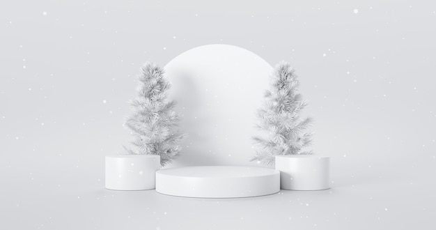 Christmas tree product podium display showcase white 3d background minimal winter stage celebration platform and abstract snow presentation stand pedestal exhibition  studio mockup premium wallpaper.