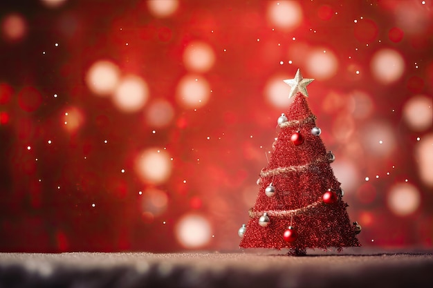 Christmas tree on red background with bokeh Christmas and New Year concept Christmas Tree With Ornament And Bokeh Lights In Red Background AI Generated