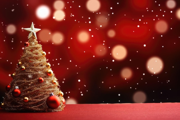 Рождественская елка на красном фоне с эффектом боке 3d-рендеринг Рождественская елка с орнаментом и огнями боке на красном фоне Сгенерировано AI