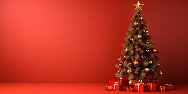 christmas tree on red background with copy space for text christmas background