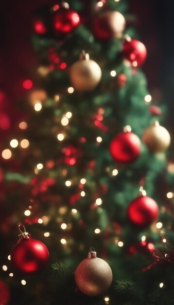 Christmas Tree Red and Green Ornaments against a Defocused Lights Background generated by AI