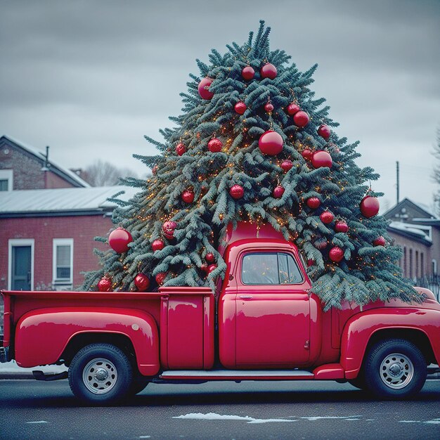 Photo christmas tree in a red pickup truck generative ai