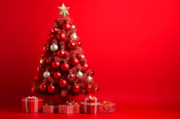 Christmas tree in red on a red background next to gift boxes with copy space Generated AI