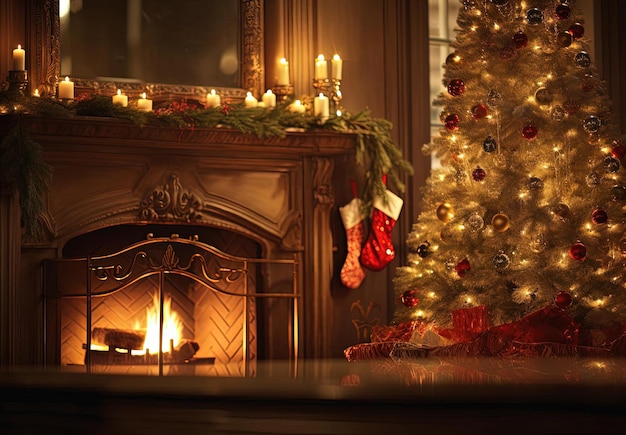 christmas tree reflections over a dark fireplace with candles bokeh shadow