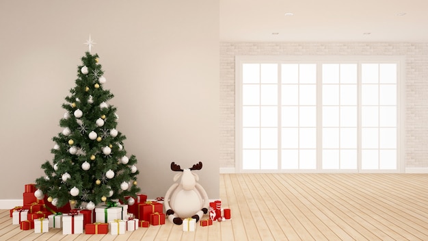 Christmas tree , reindeer doll and gift box in empty room artwork for Christmas day