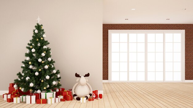 빈 방에 크리스마스 트리, 순록 인형 및 선물 상자