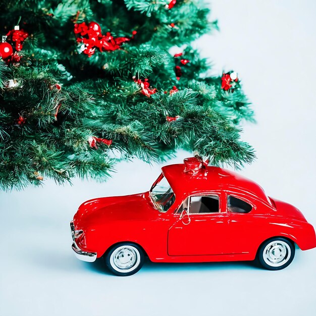 AI가 생성한 복고풍 빨간색 자동차 장난감 장식 겨울 휴가 배경의 크리스마스 트리