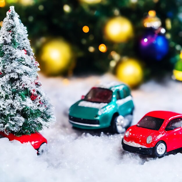 Christmas tree on a retro red car toy decoration winter holidays background generated by AI