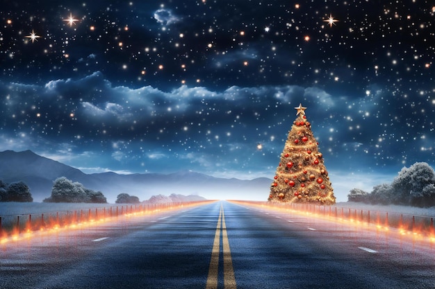 Foto albero di natale sulla strada con cielo stellato e sfondo di montagna