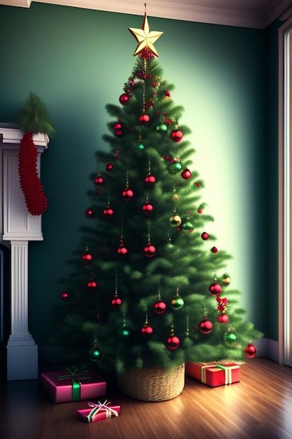 A christmas tree in a room with red and green ornaments