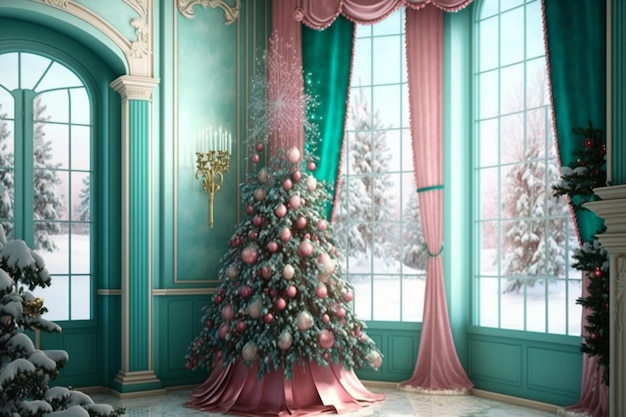 A christmas tree in a room with a window and snow on the floor.