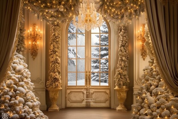 A christmas tree in a room with a window and snow on the ground.