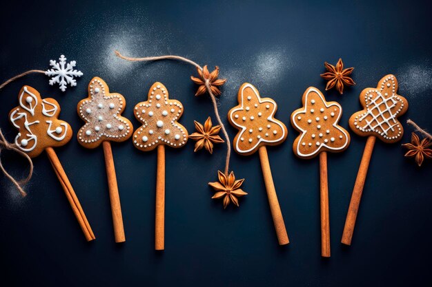 Photo christmas tree shaped gingerbread cookies on blue background