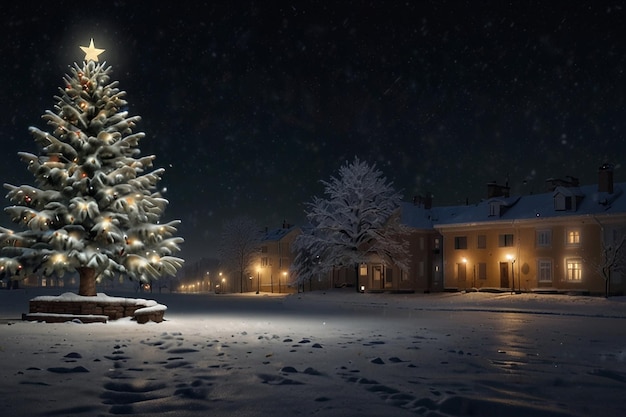 Рождественская елка в снегу Рождественский елка в ночном городе