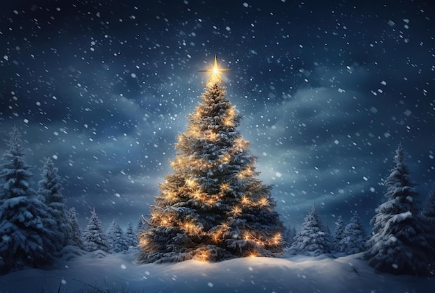 a christmas tree and snow falling on it in the style of dark skyblue and light white