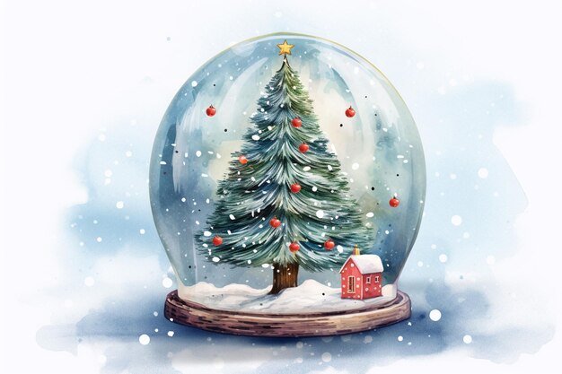 Christmas tree in snow globe watercolor