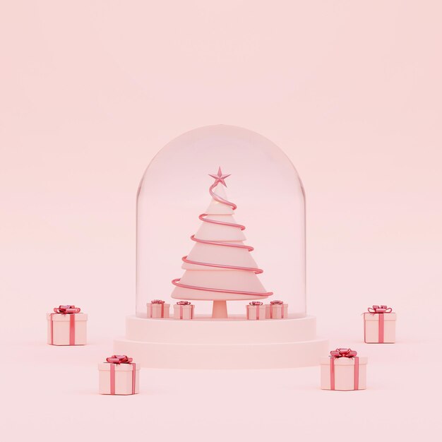 Christmas tree in a snow globe with Christmas gifts on a pink background 3d rendering